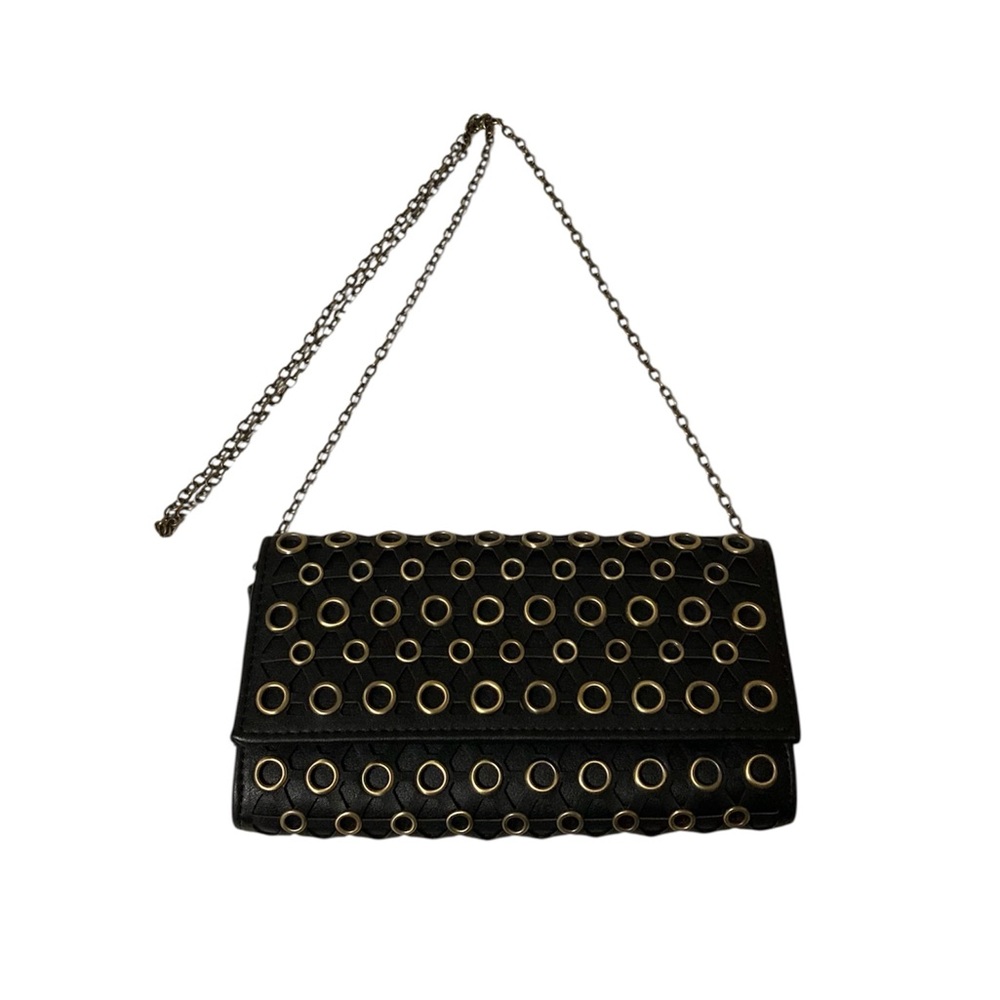 Black Purse Bag Handbag Clutch Grommet Detail Removable Chain Strap Unbranded